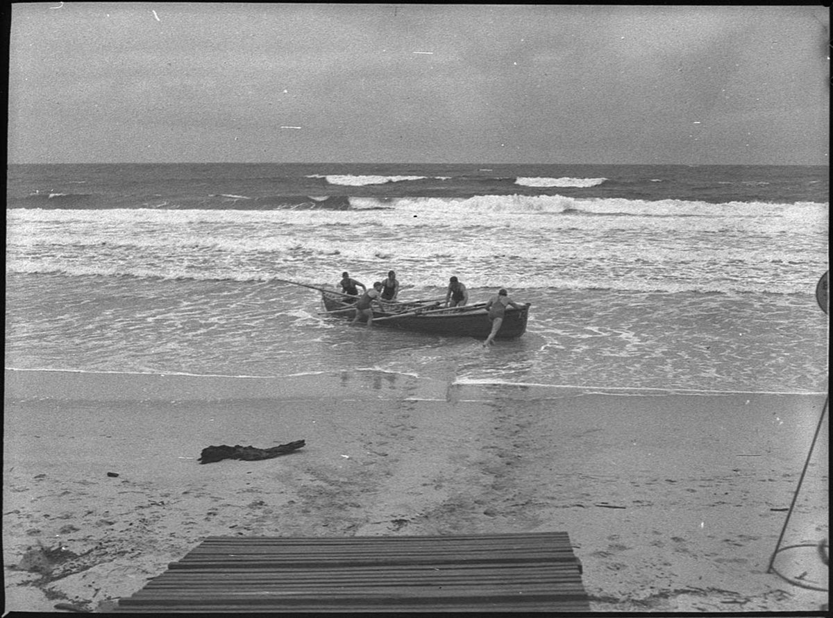 Launching new Stockton surf boat Up and Atom (1952)