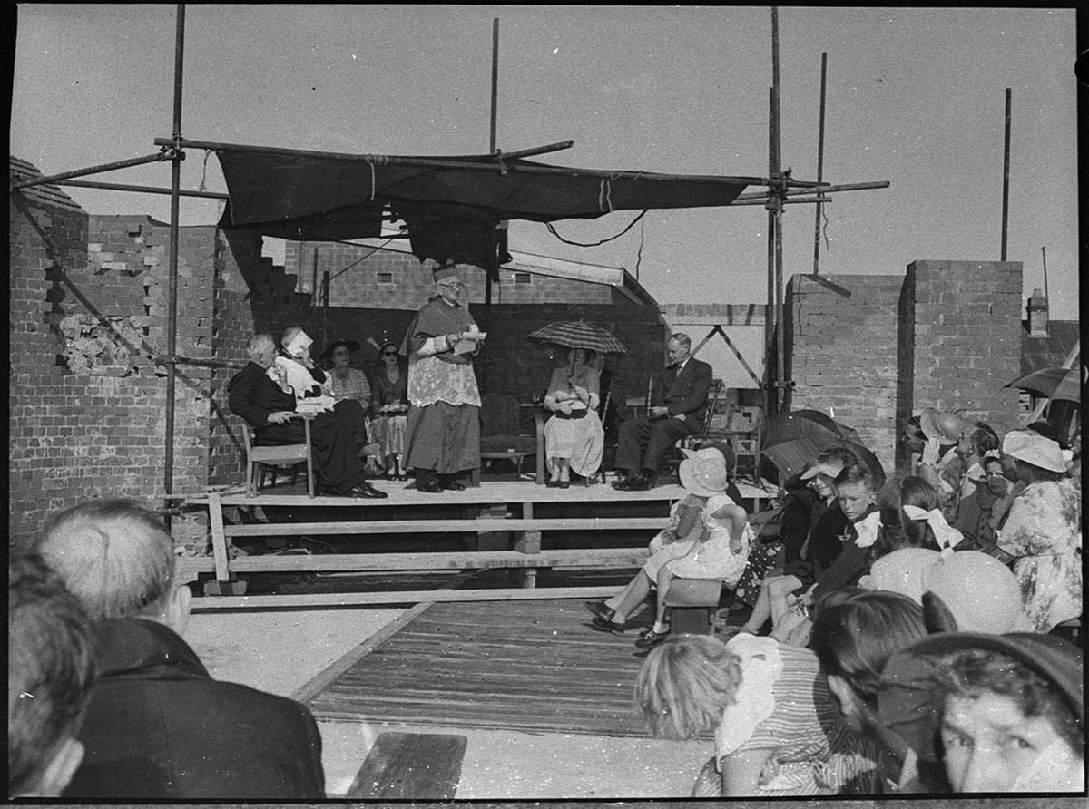 Laying foundation stone of Tighes Hill Catholic Church by the Bishop of Maitland Right Reverend E Gleeson (1954)