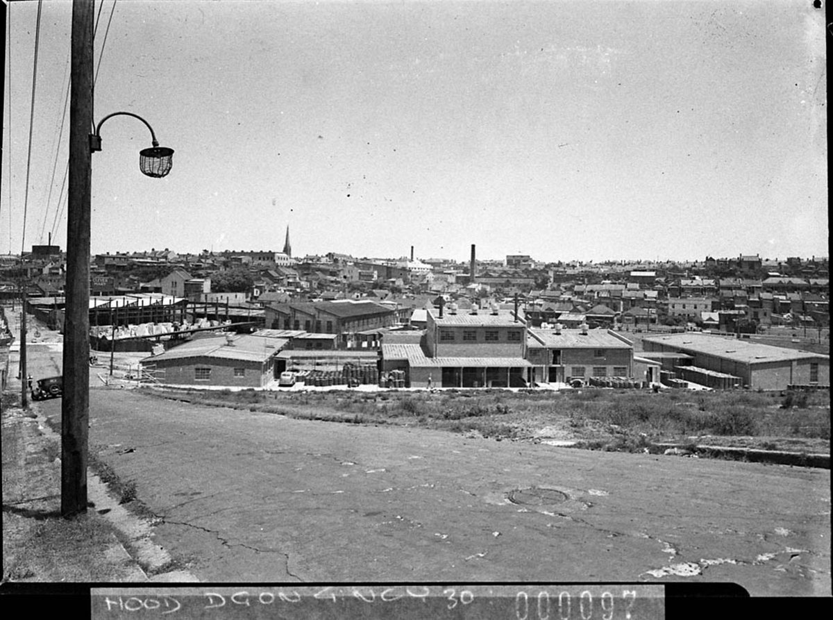 Long shot exterior of the Pabco factory showing surrounding district for Building Publishing Co, Glebe (1938)