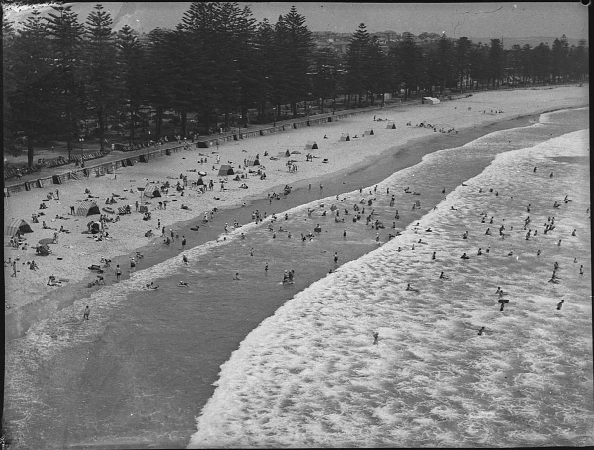 Manly Beach from the shark tower, 1939