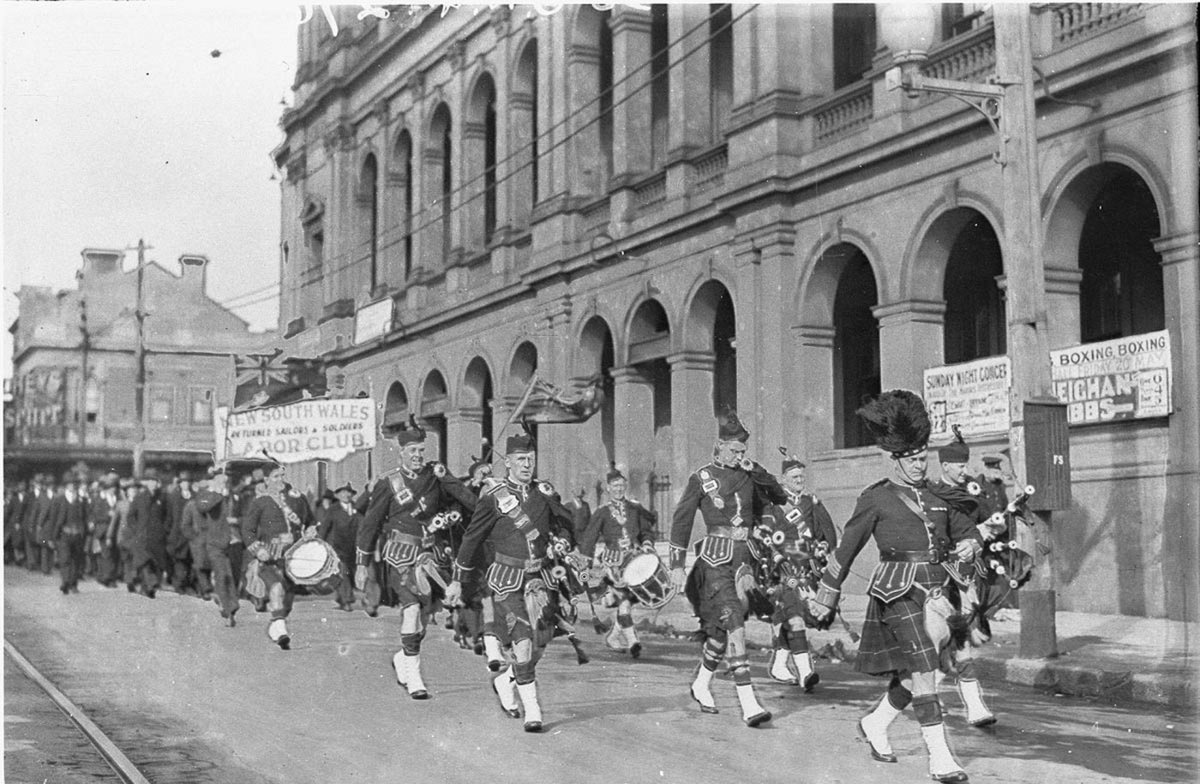 March past Town Hall, Sydney city centre (1930s)