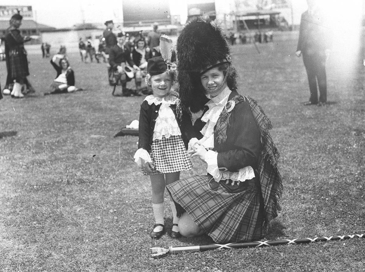 Marette Cunningham left and Marion MacPhie of Tempe at the Highland Societys Caledonian Games Sydney Showground, Moore Park (1935)