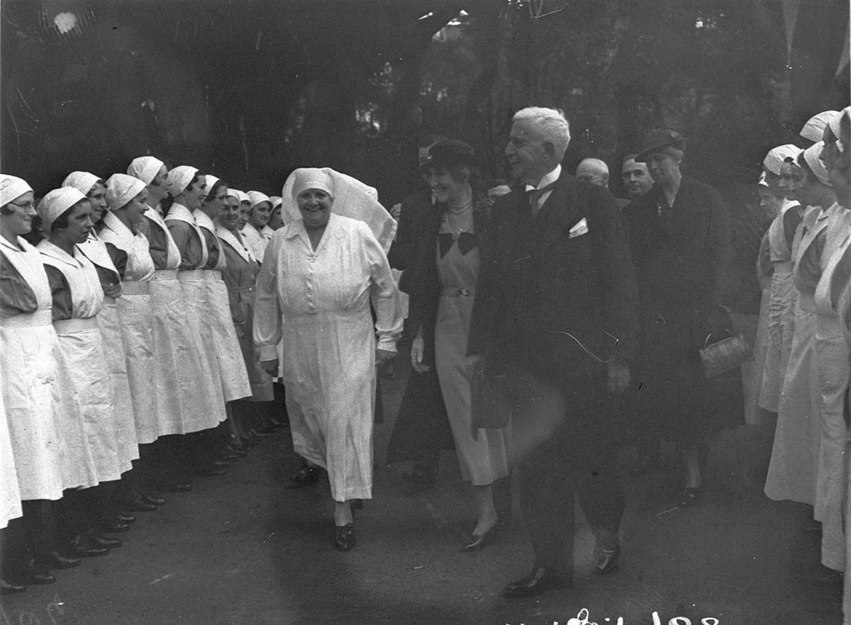 Matron and official party inspect parade of nurses (1930s)