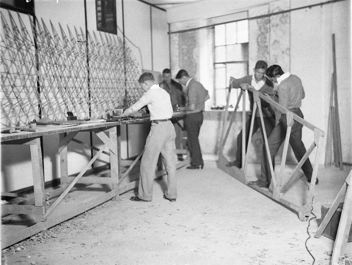 Members of the University Gliding Club learning wingmaking from expert, Camperdown (1930s)