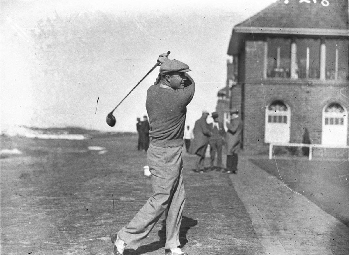 Mens amateur golf Cyril C Ruwald practice swing, 1934
