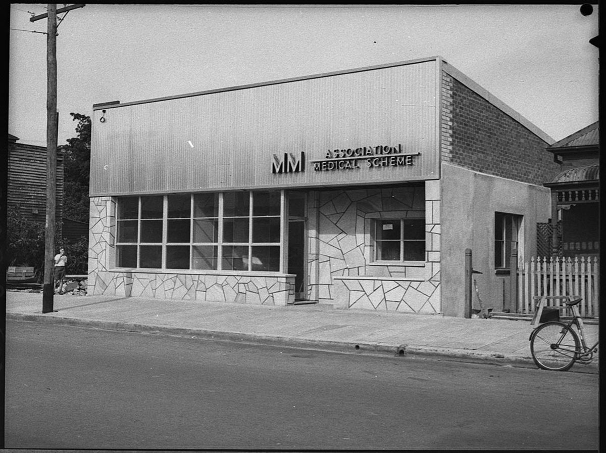 Mining Mechanics building sign reads MM Association Medical Scheme (1954)