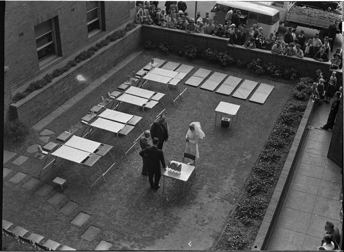 Mobile blood bank being put into service by Lord Mayor of Newcastle Alderman McDougall (1956)