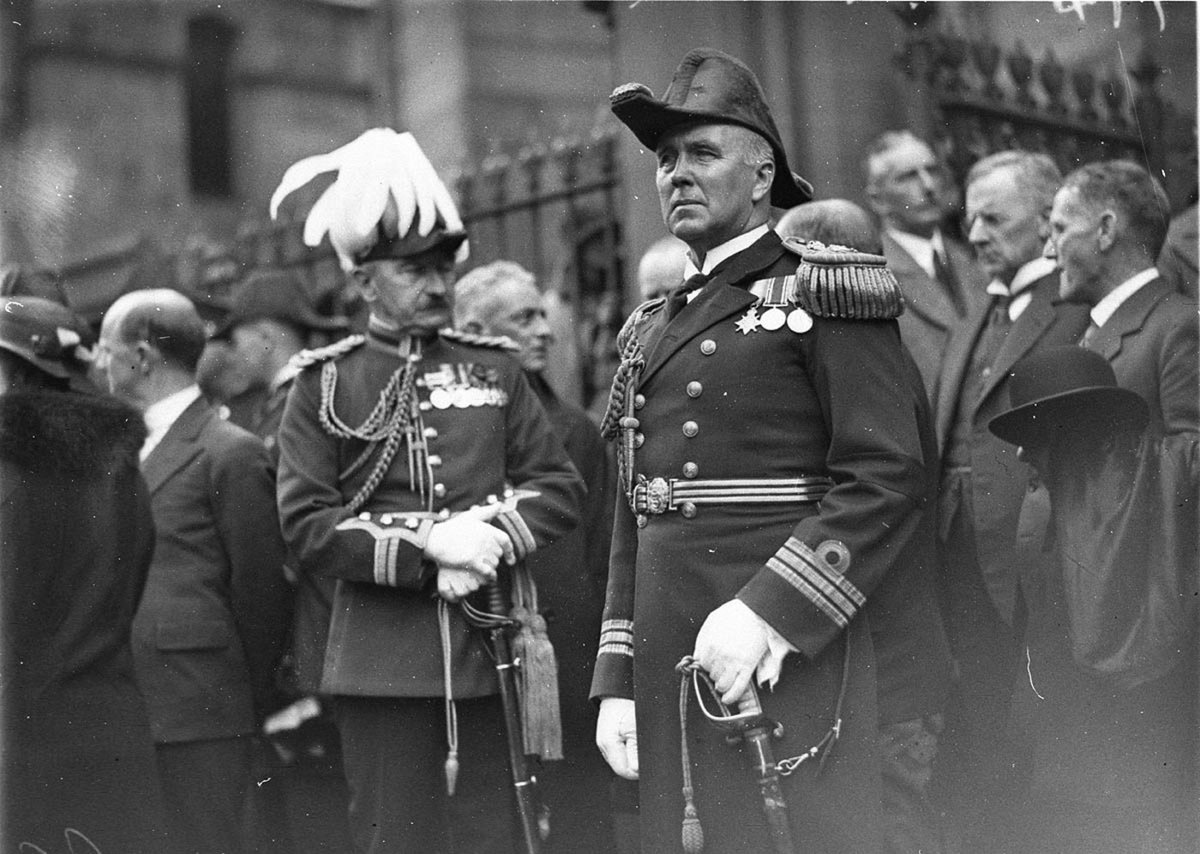 Mourners a General and an Admiral at Sir Edgeworth Davids funeral (1934)