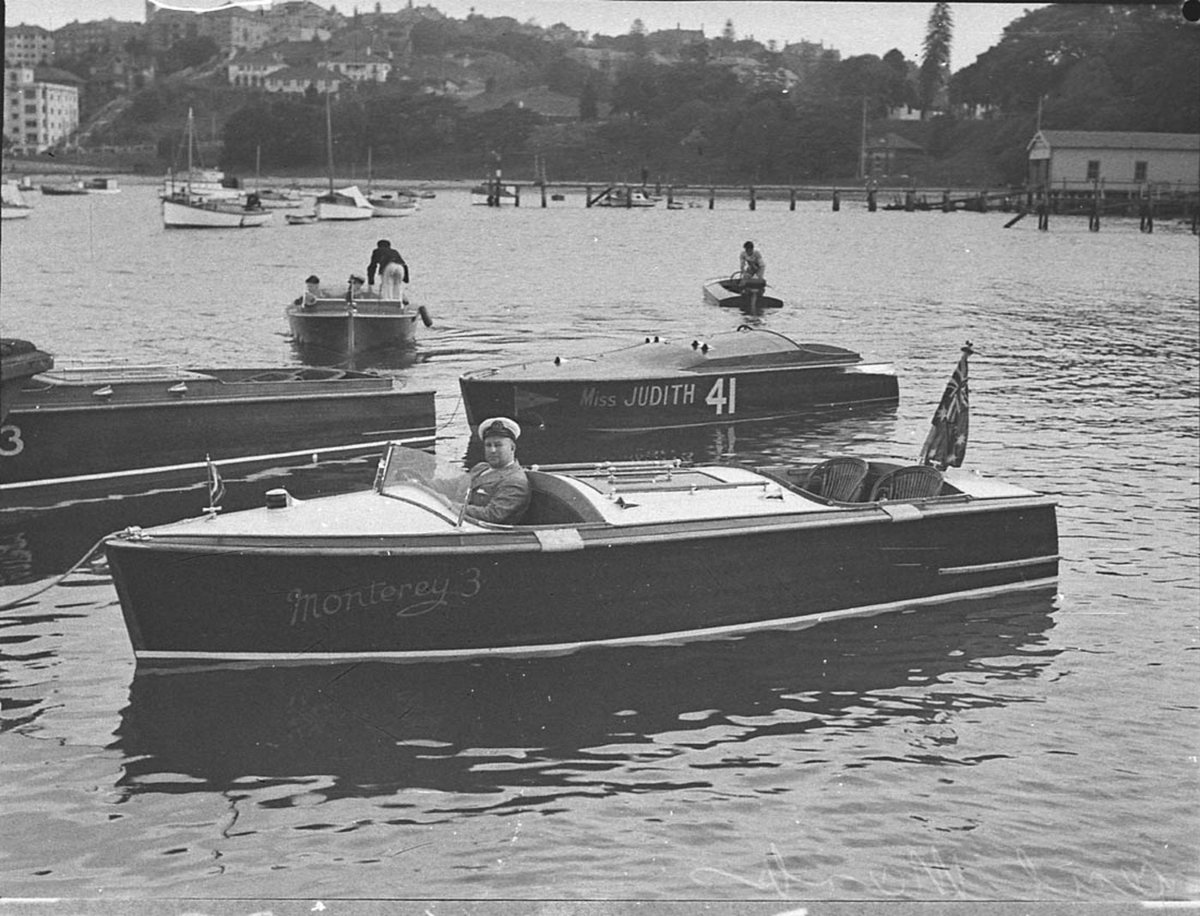 Mr Cecil Marks in boat at opening of RMYC clubhouse (1936)