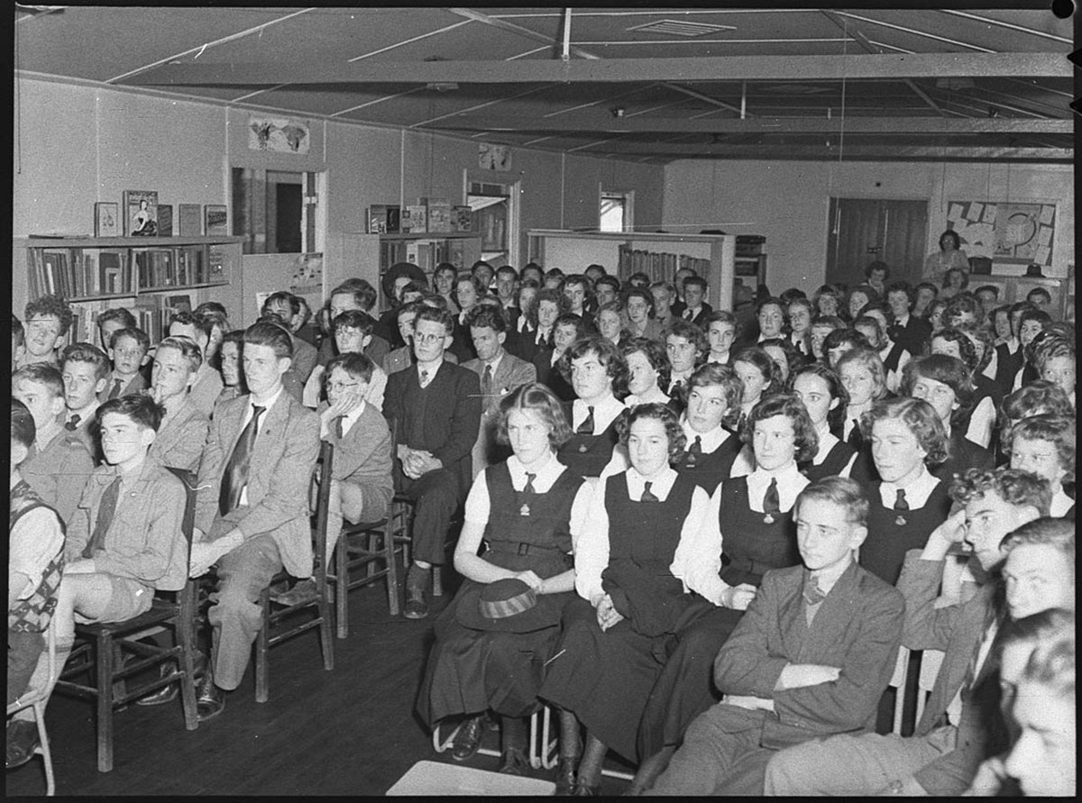 Mr EV Timms Australian author addressing students (1950)