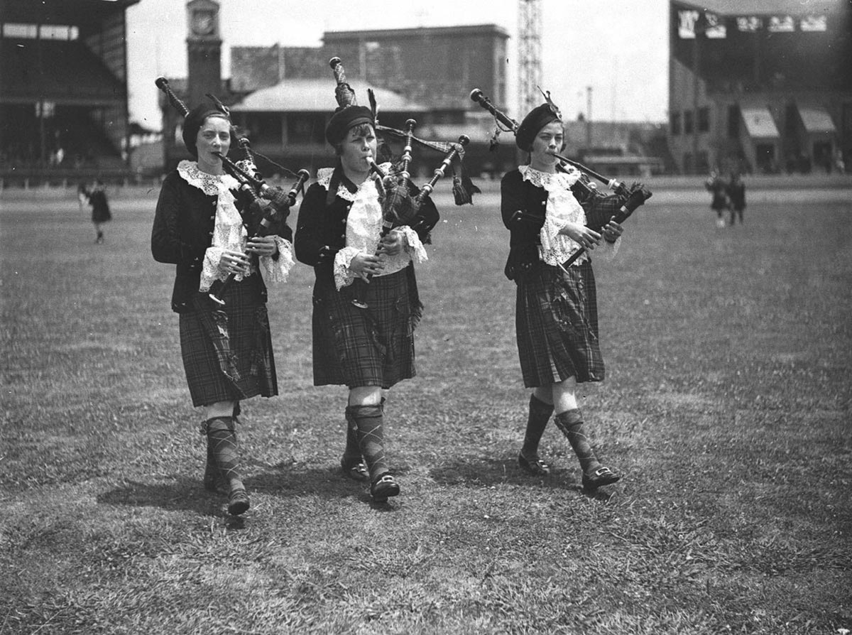 Nancy Donnell Doris Hanney Jean Cooper pipers at the Highland Societys Caledonian Games Sydney Showground, Moore Park (1935)