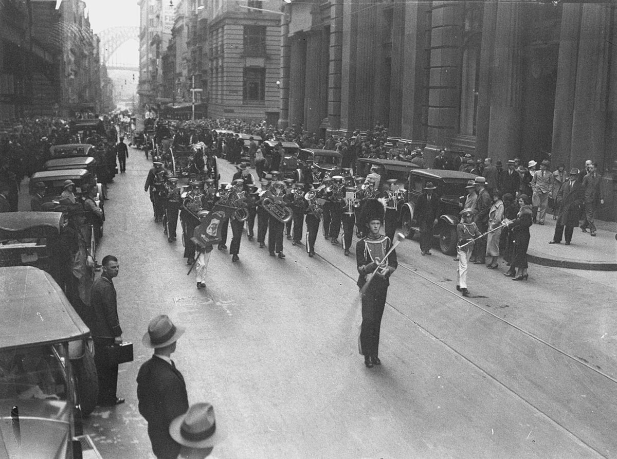 Naval Cadets band in the parade for the opening of Federal Parliament House, Sydney city centre (1927)