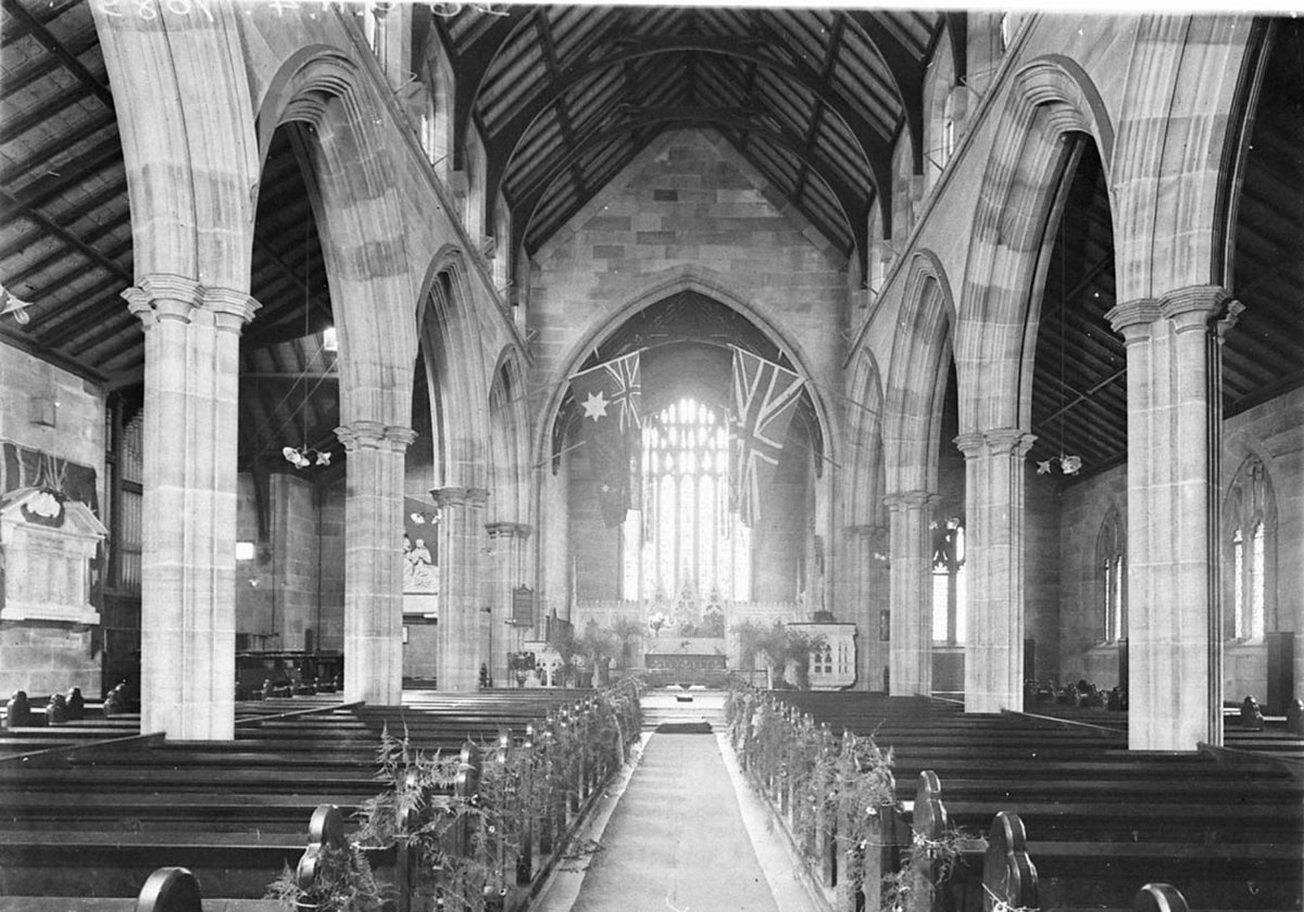Nave of a Gothic Revival sandstone Church of England Sydney (1930s)
