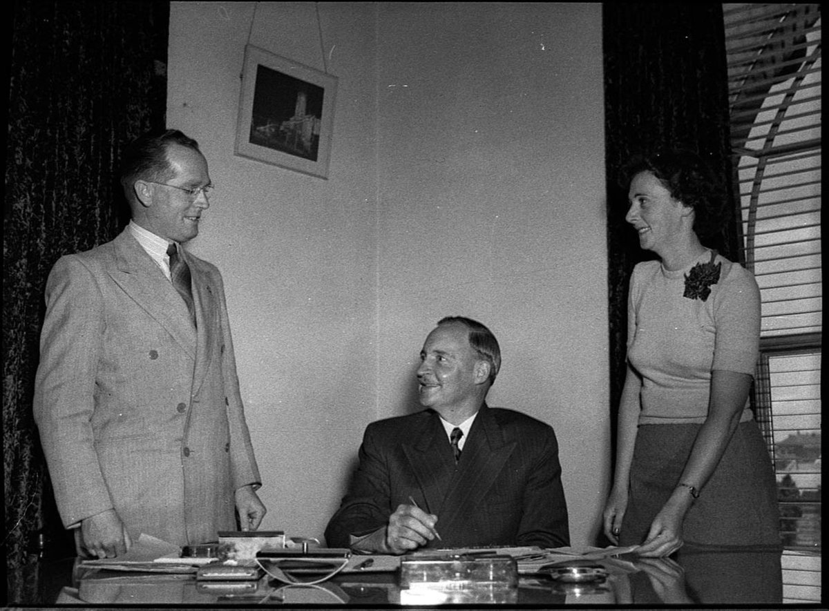 New Lord Mayor Purdue with his secretary Miss Z Burke and the Town Clerk Mr W Burges (1952)
