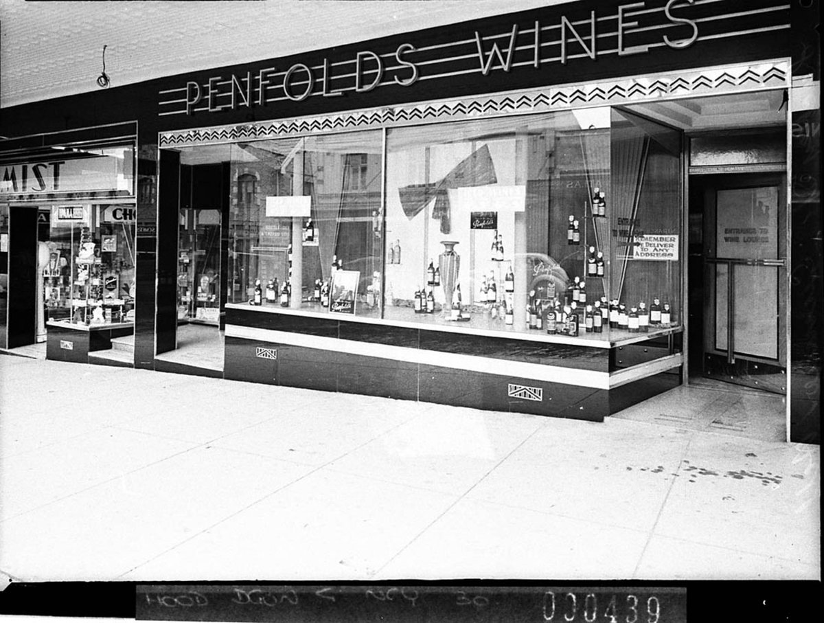 Penfolds Wines display in shop windows, Sydney city centre (1939)