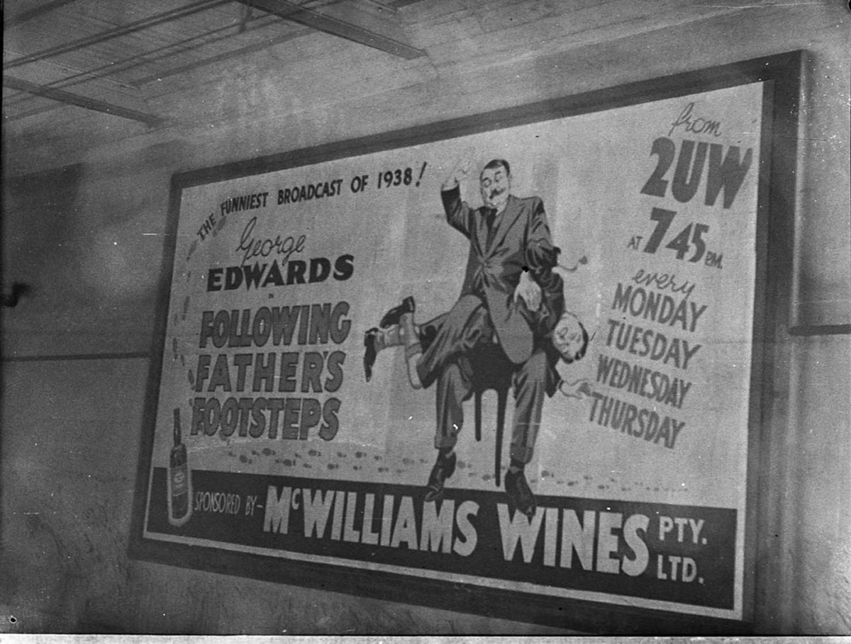 Poster advertisement for Following Fathers footsteps sponsored by McWilliams Wines taken for radio station 2UW (1938)