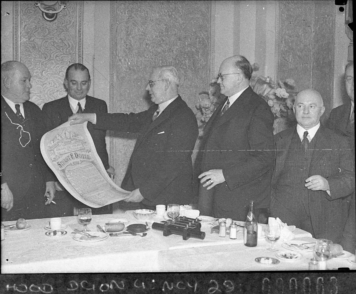 Presentation of an illuminated address to Stuart F Doyle Managing Director Union Theatres Ltd by the Australian Cinema Pioneers (1937)