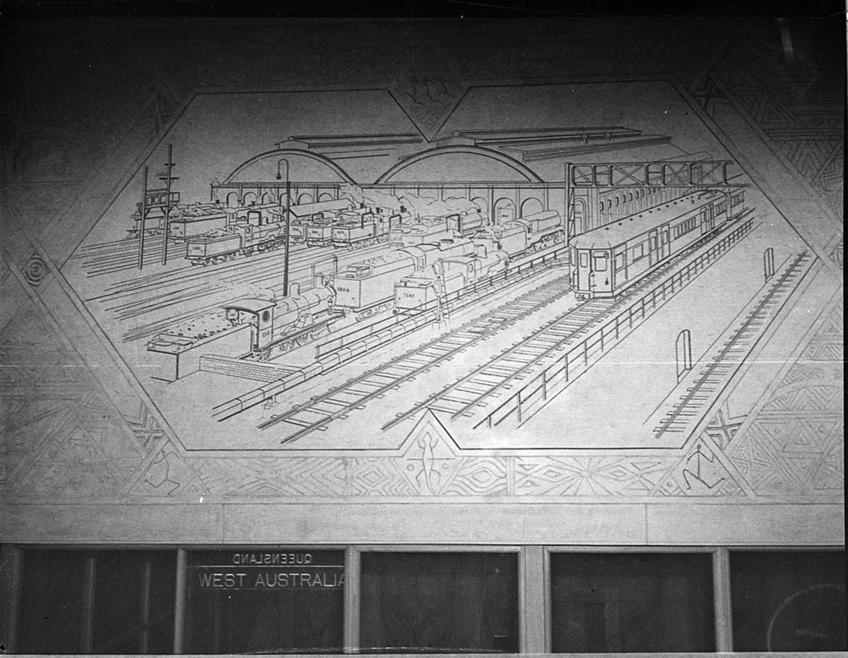 Railway booking office decorated by Melocco Bros, Sydney (c. 1935)