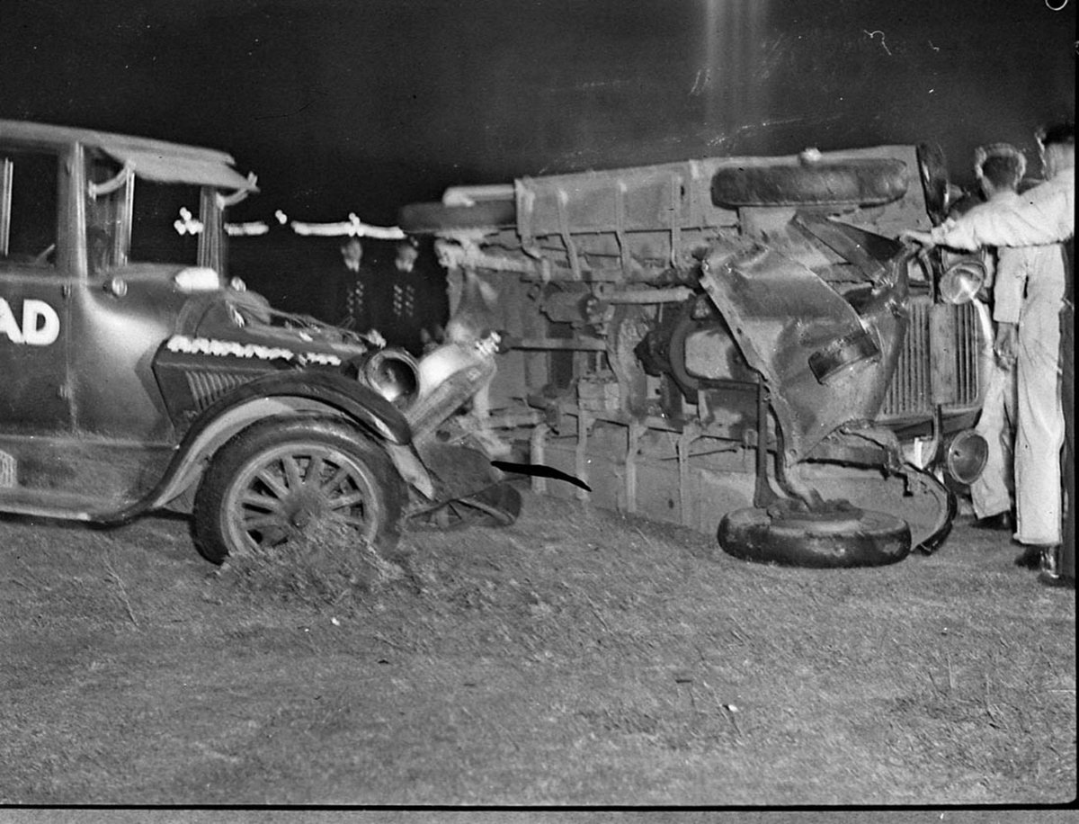 Reg Kavanagh at Showground car crashes taken for World Speedway, Moore Park (1938)