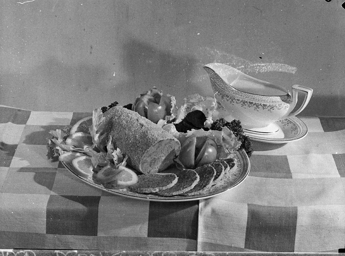 Sliced vegetarian nut loaf taken for Smiths Weekly cookery page (1947)