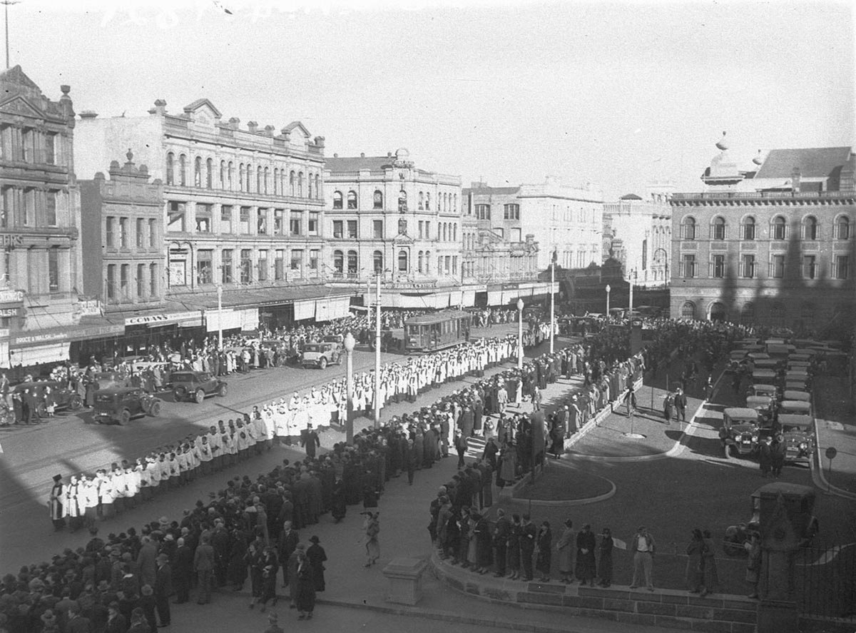 State funeral leaves St Andrews Cathedral, Sydney city centre (1930s)