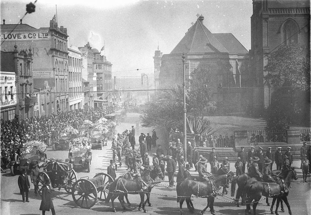 State funeral of Governor Sir Walter Davidson procession turning into George Street, Sydney city centre (1923)
