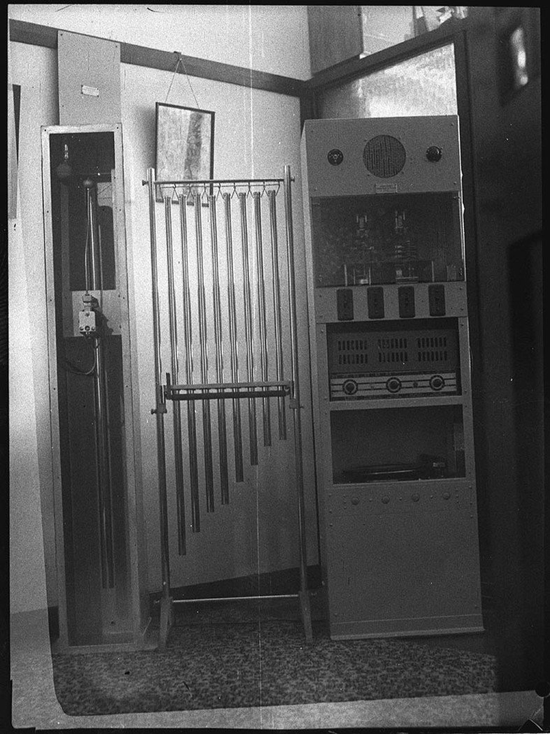 Steel cabinet with tubular bells record player and public address system for schools (1945)