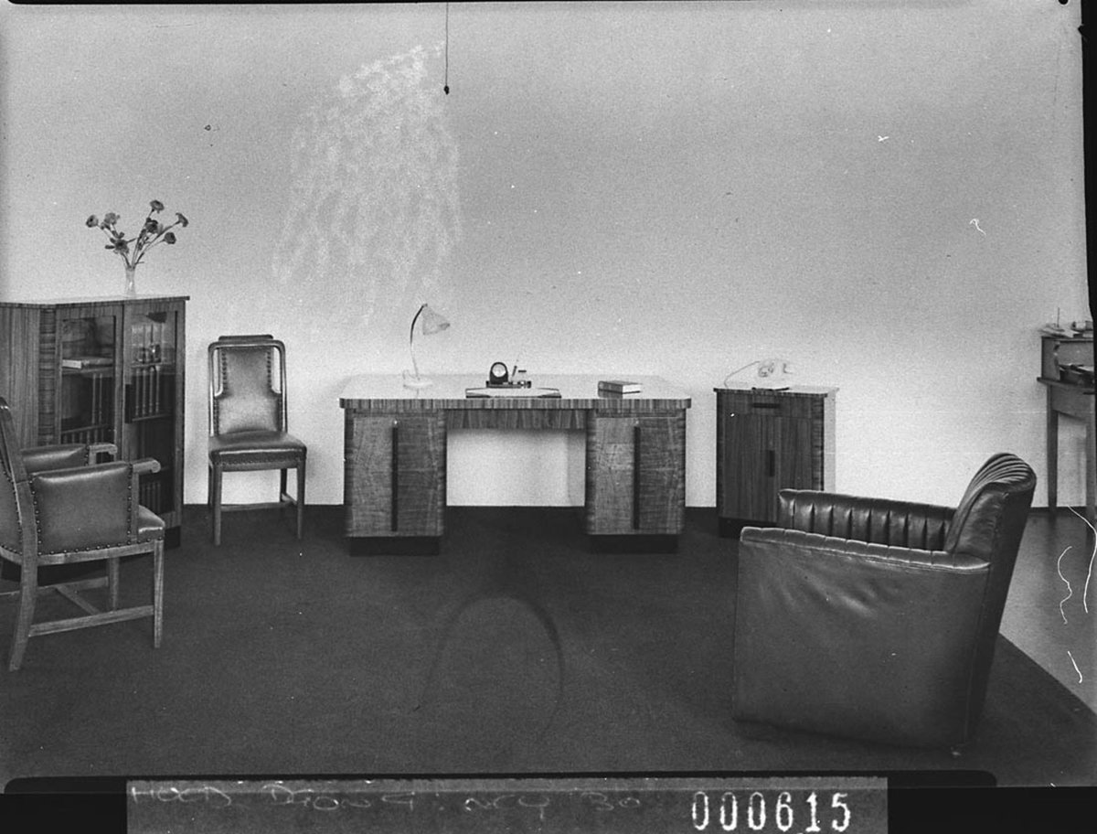 Swivel chair desk and two office chairs Grace Bros display (1939)