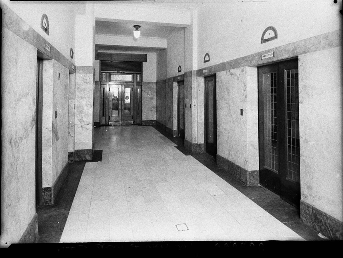 The Commercial Bank of Australia building in Pitt Street entrance foyer and lifts, Sydney city centre (1938)