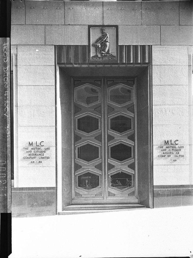The ornate metal doors of the entrance MLC Building for Building Publishing Co, Sydney city centre (1938)
