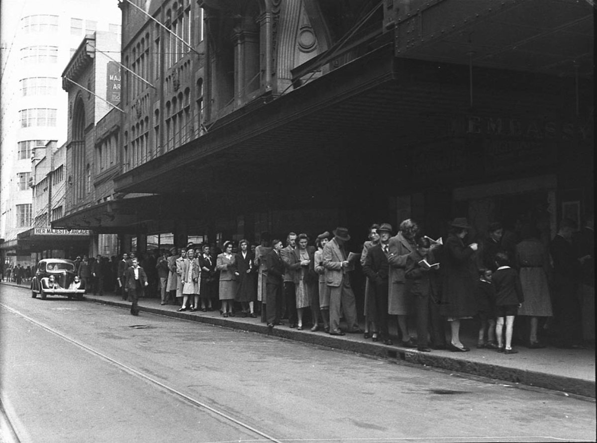 Theatre queue for Esquire Embassy Theatre taken for Fox Films (1946)