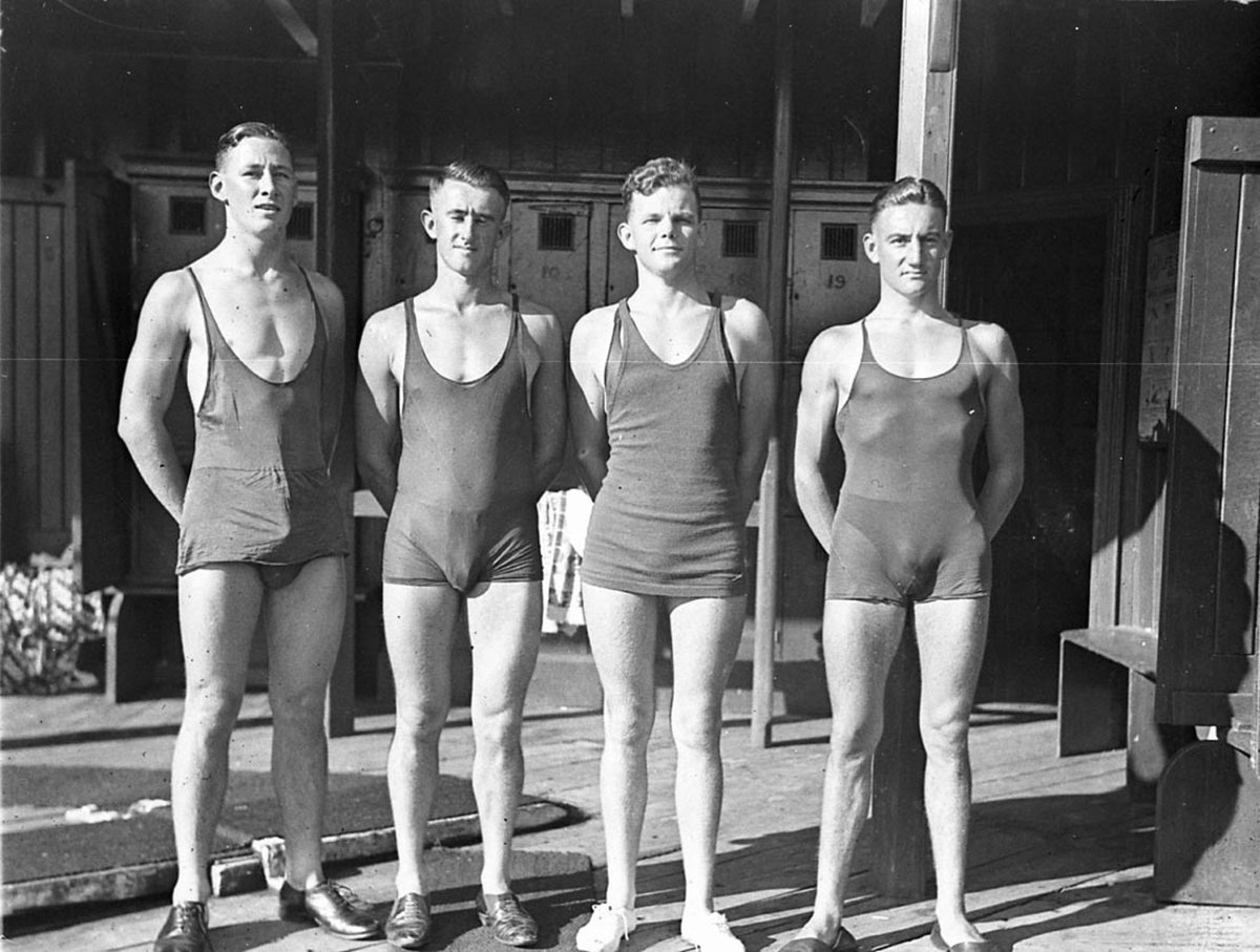 Three male swimmers I think 3rd from left is Noel Ryan Ted Hood (1930s)