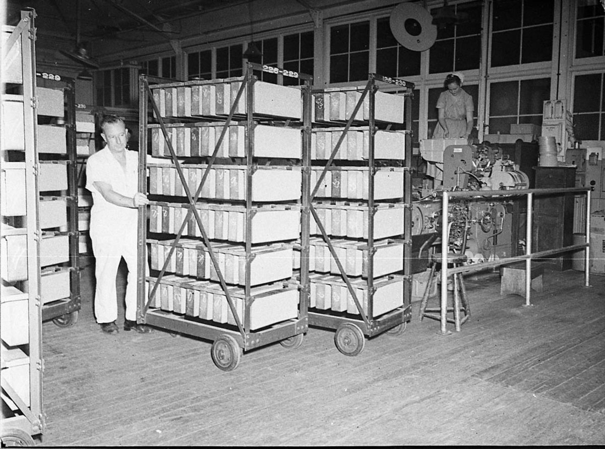 Trolleys and rubber wheels at Aust Tobacco Co and Metters (1949)