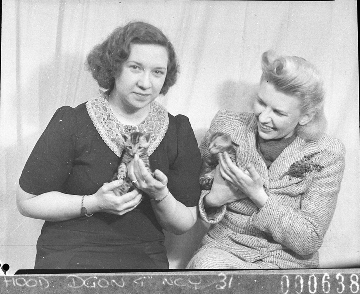Two actresses each holding a small kitten scene from These Children BritishAustralian production (1944)
