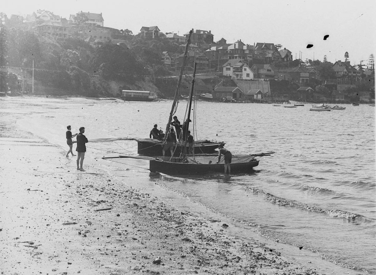 Two sailing skiffs an 18 footer and 16 footer at Mosman Bay (1930s)