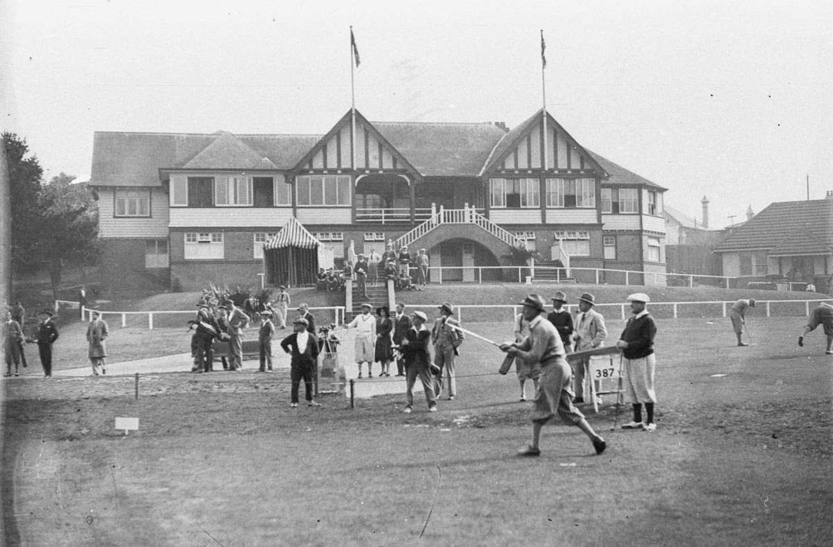 Unidentified golfer driving off (1925–57)