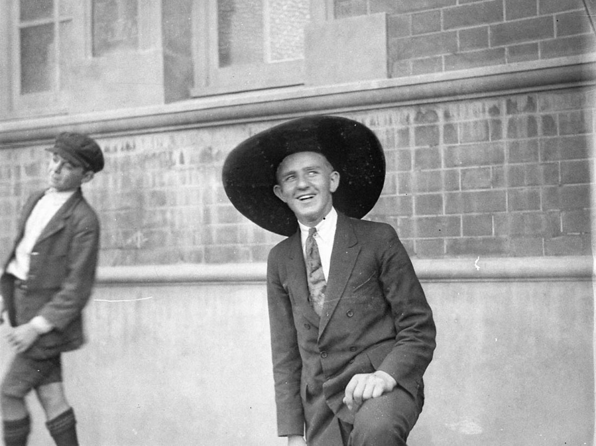 Unidentified young man in wide brimmed Akubra hat at the Australian Manufacturers Exhibition (1927)