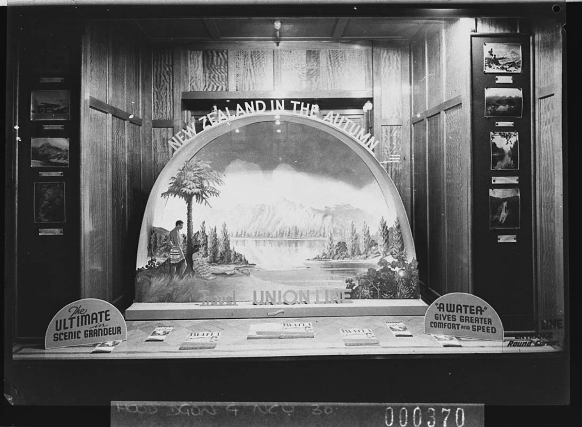 Union Steamship line window display for New Zealand in Autumn showing a sign with Awatea for comfort and speed taken for Metropolitan Art Studios, Sydney (1939)