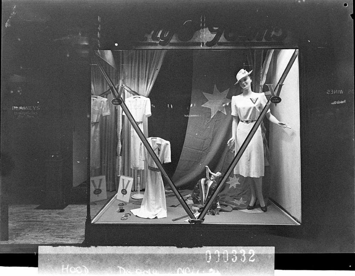 V for victory Garrys Gowns window display, Sydney (1941)