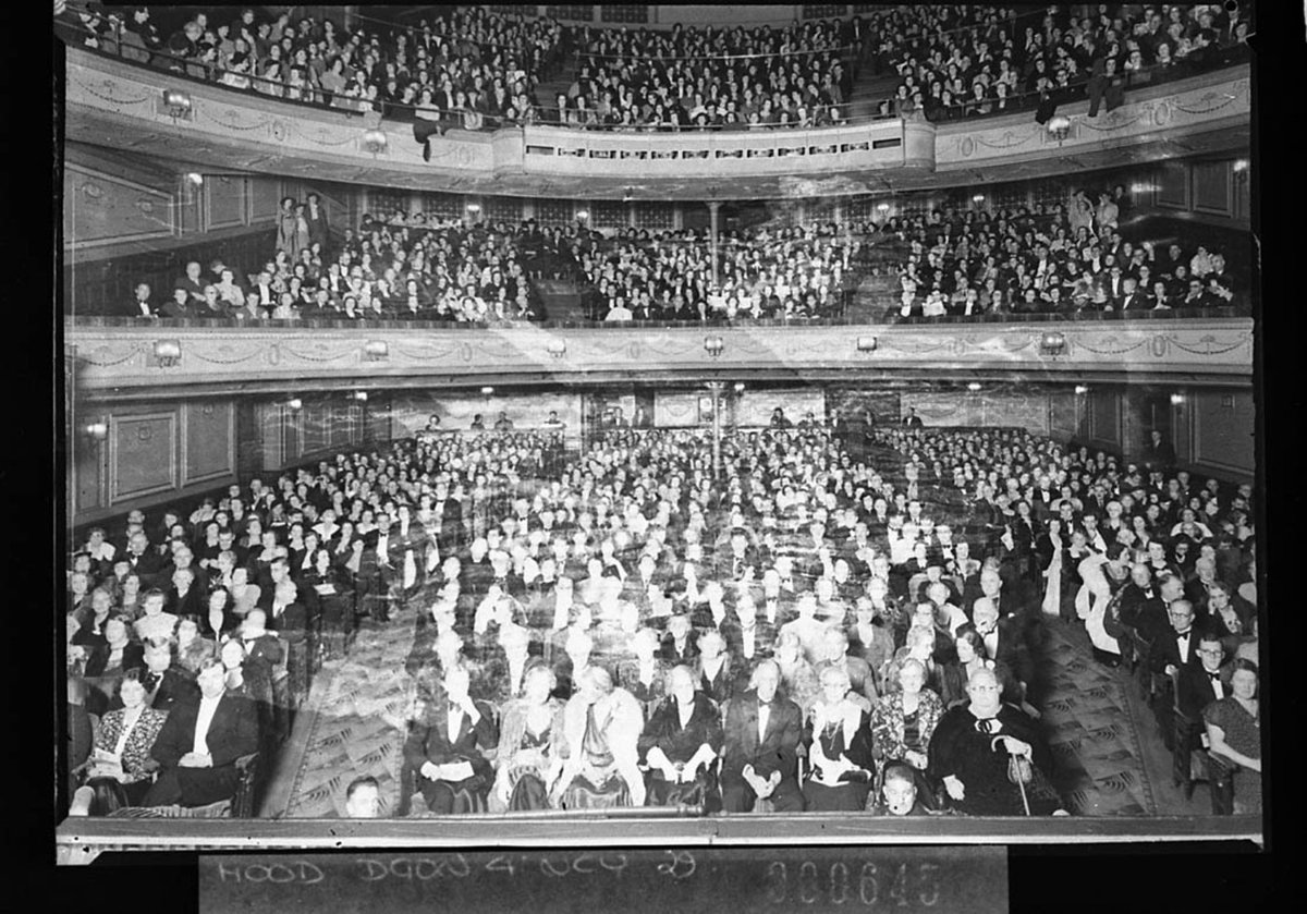 View from the stage of the Theatre Royal showing crowded stalls dress circle and gods for the last night of Ruth Draper, Sydney city centre (1938)