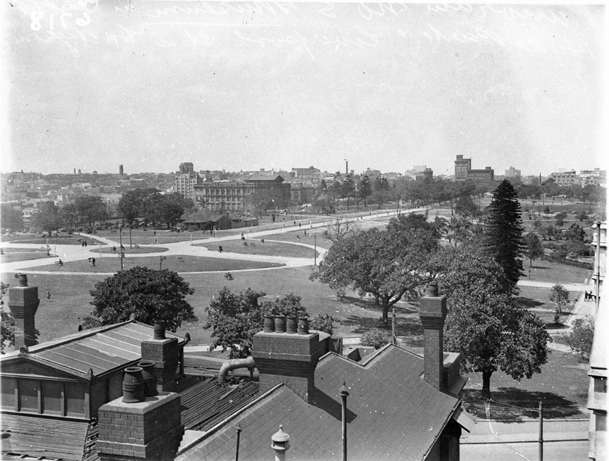 View of Hyde Park and museum from Supreme Court, Sydney city centre (1930s)