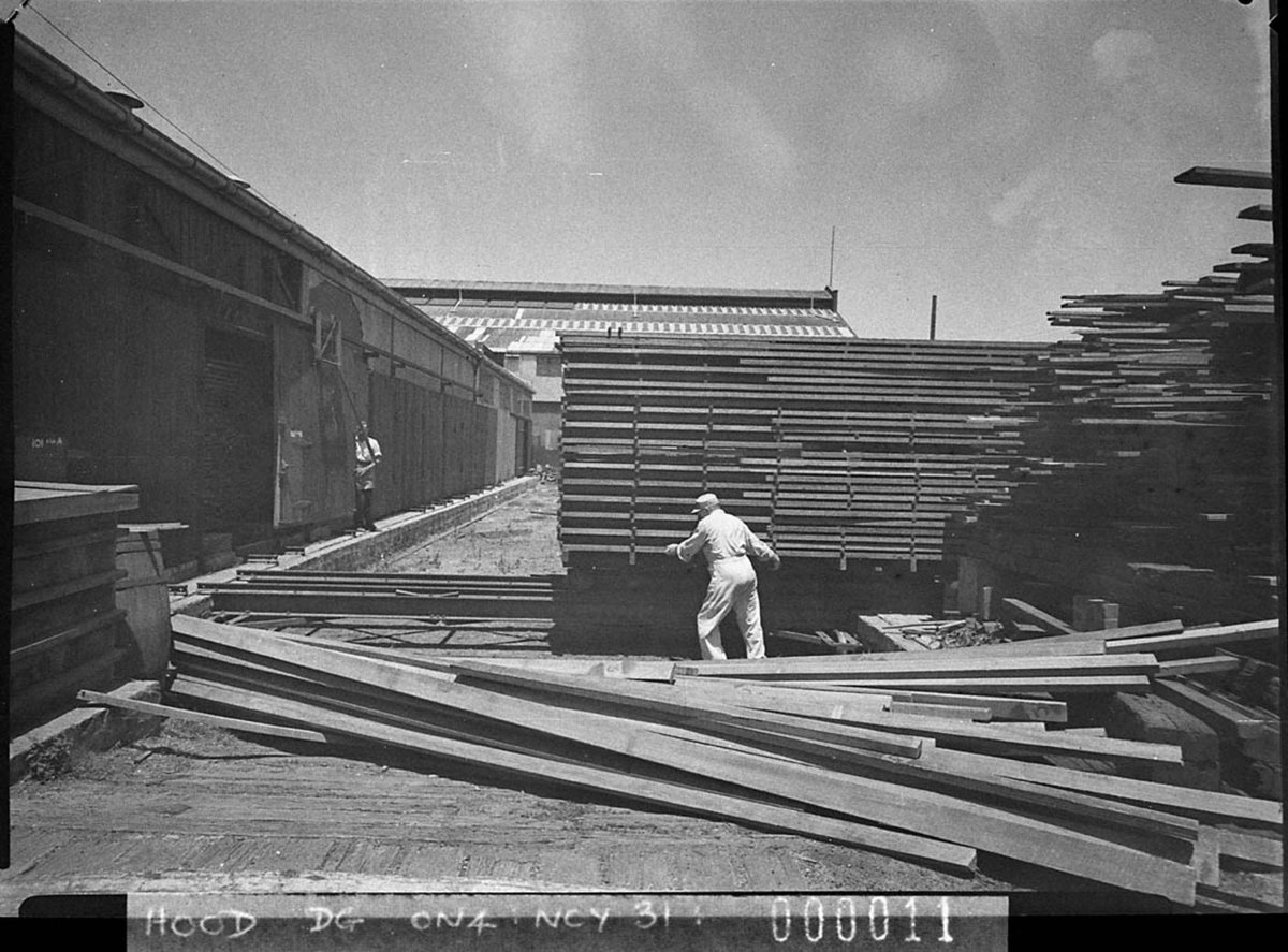View of the timber yard Frederick Roses factory at Mascot taken for Timber Journal (1940)