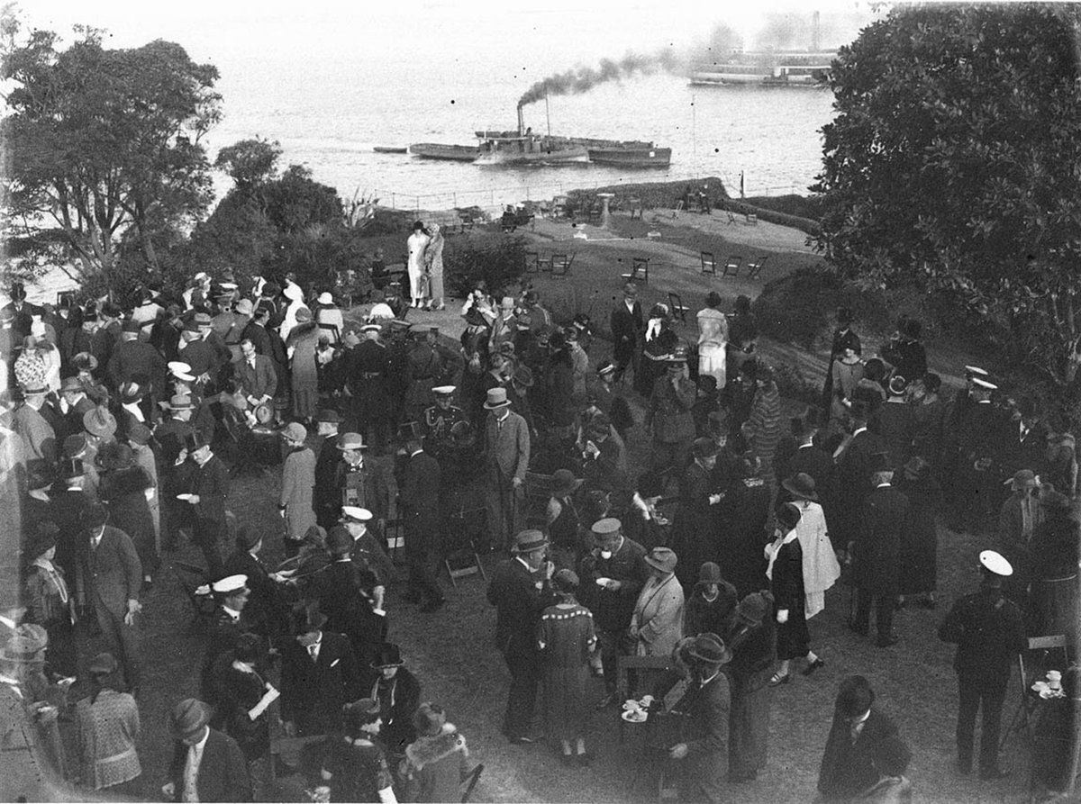 VIPs crowd on the lawn General Blamey on right hand near face (1920s)