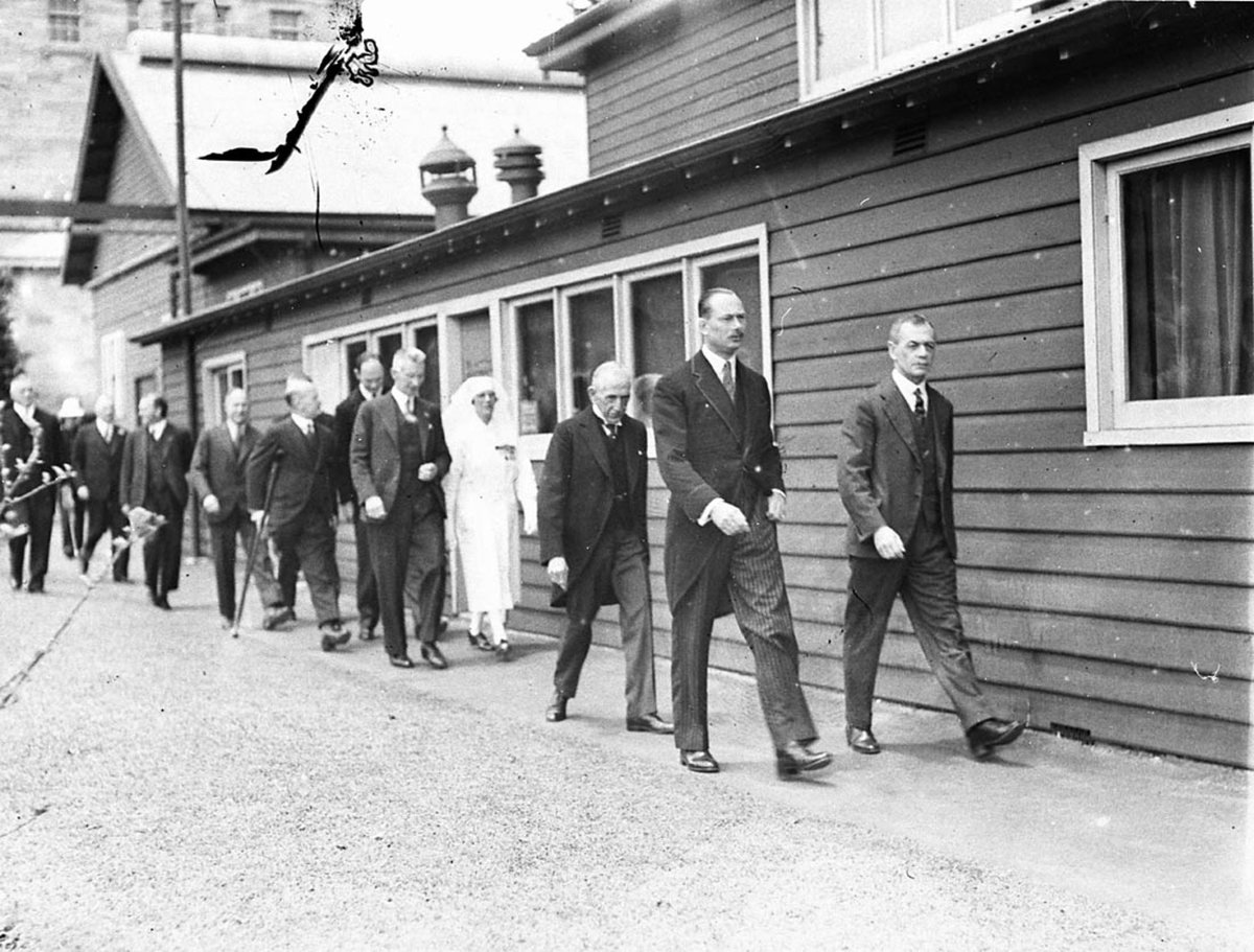 Visit of Gloucester to Prince of Wales Hospital at Randwick with former Prime Minister Billy Hughes behind the Prince (1934)