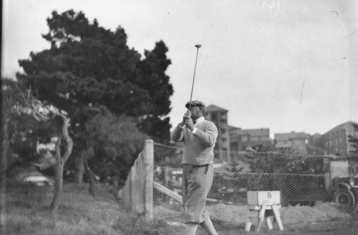 Will McDougal driving off 8th tee (1930s)