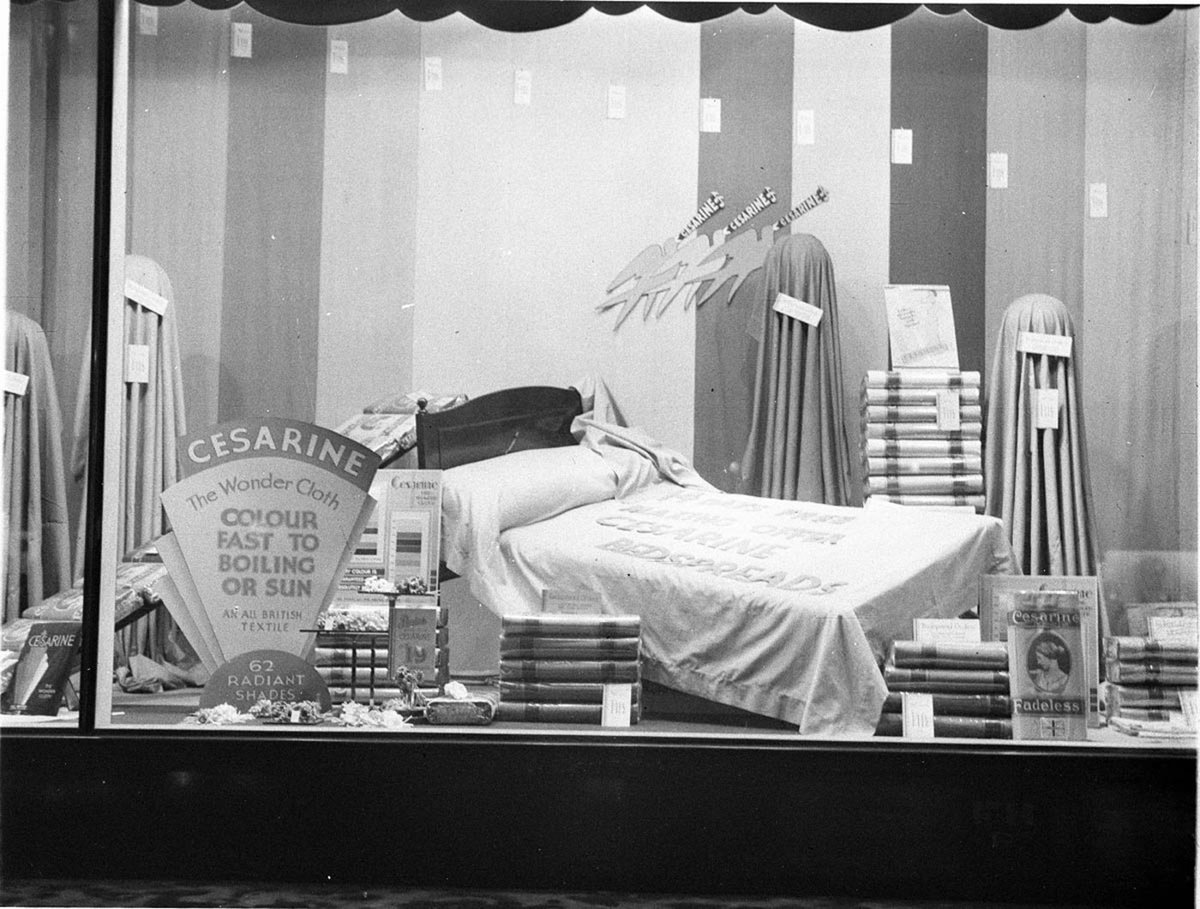 Window display for the new British wonder fabric Cesarine (c. 1930)