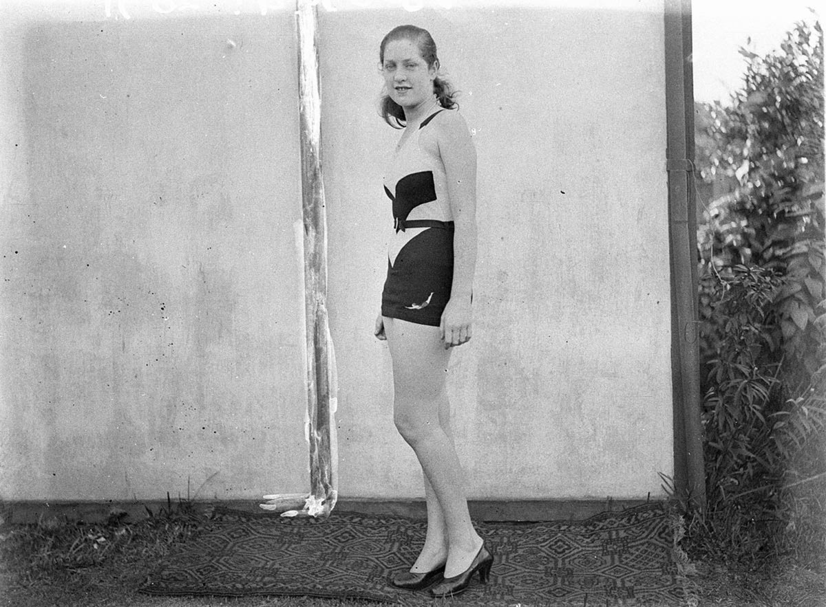 Woman modelling Jantzen swim suit (1930s)