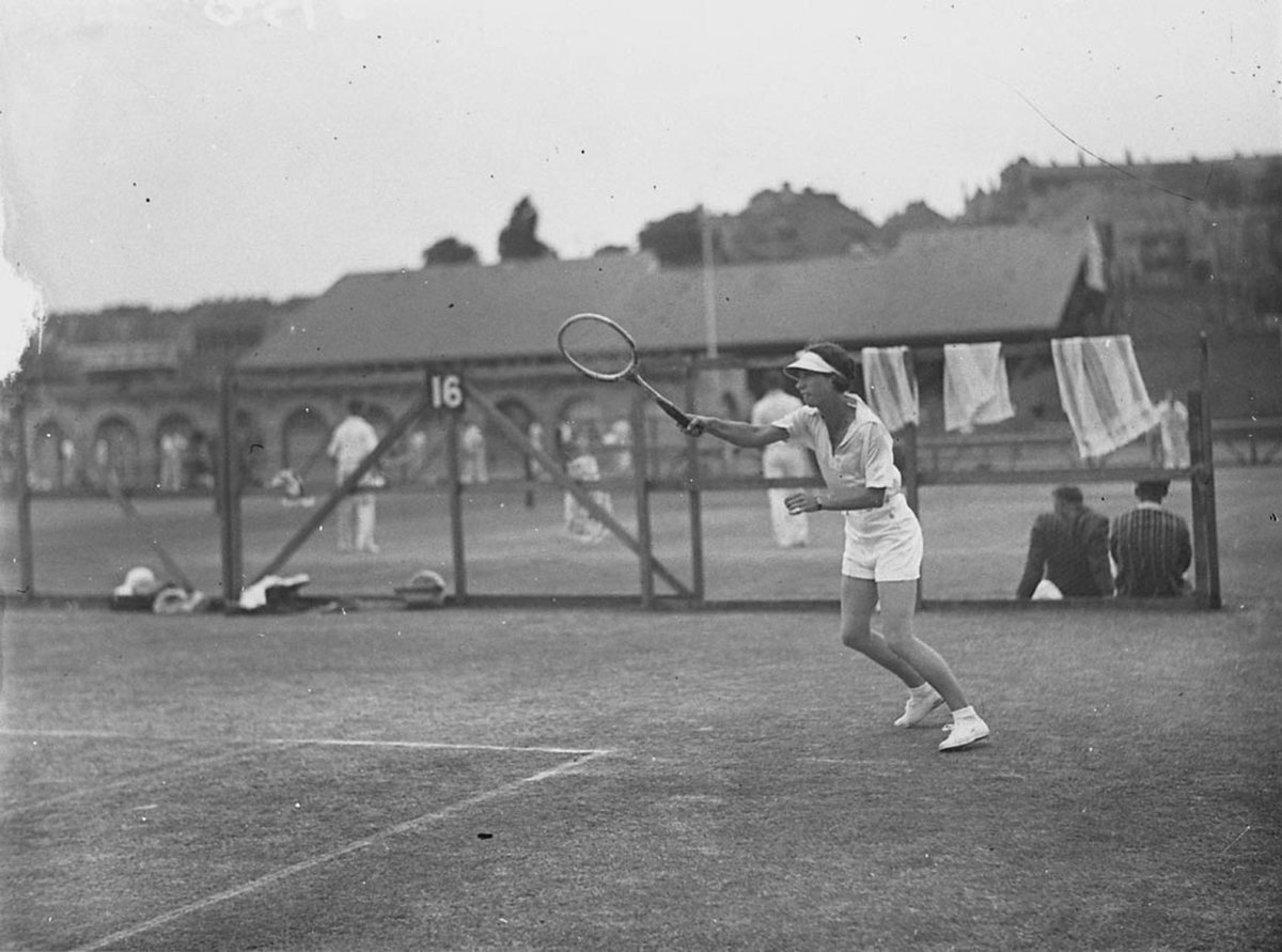 Woman tennis player in shorts White City during Country Tennis week, Rushcutters Bay (c. 1926)