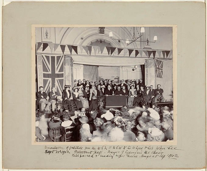 Demonstration of gratitude from the Womanhood Suffrage League of NSW to Sir W Lyne and Sir John See, Sept 15th 1902, Sydney city centre