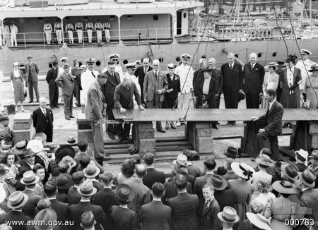 HMAS Bathurst keel laying, Sydney Harbour (1940)